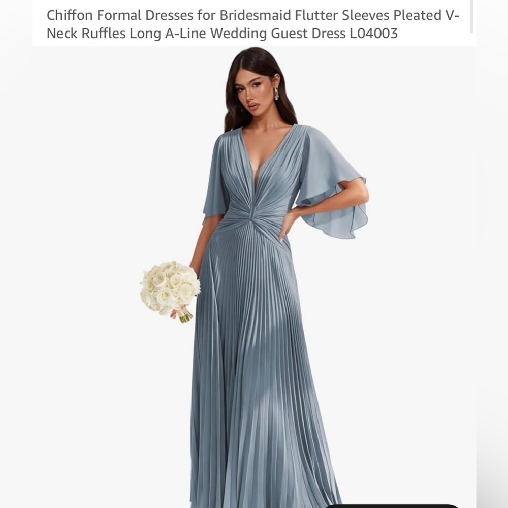 V-Neck Pleated Maxi Dress in Slate Blue with Flutter Sleeves
